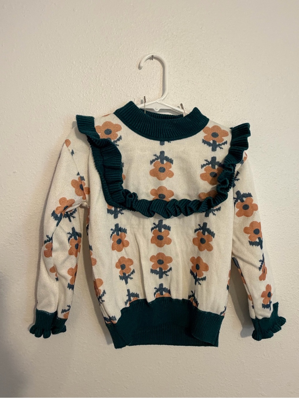 Amazon Cream Floral Ruffle Sweater with Green Trim